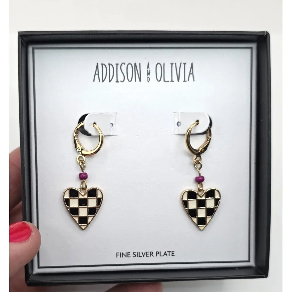Addison and Olivia Checkered Black White Heart Huggie Earrings Gold Tone NEW